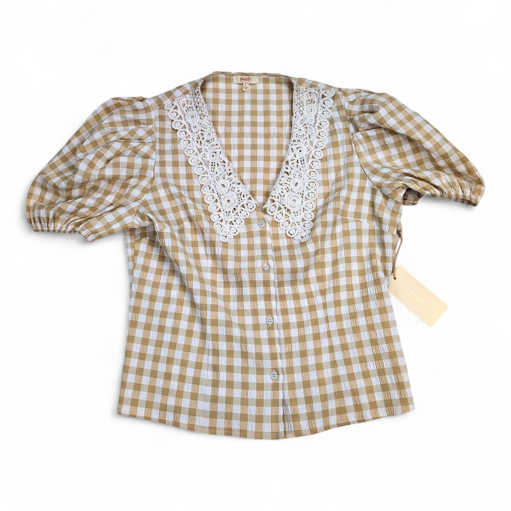 Gingham Lace-Collar Blouse - Tan/White